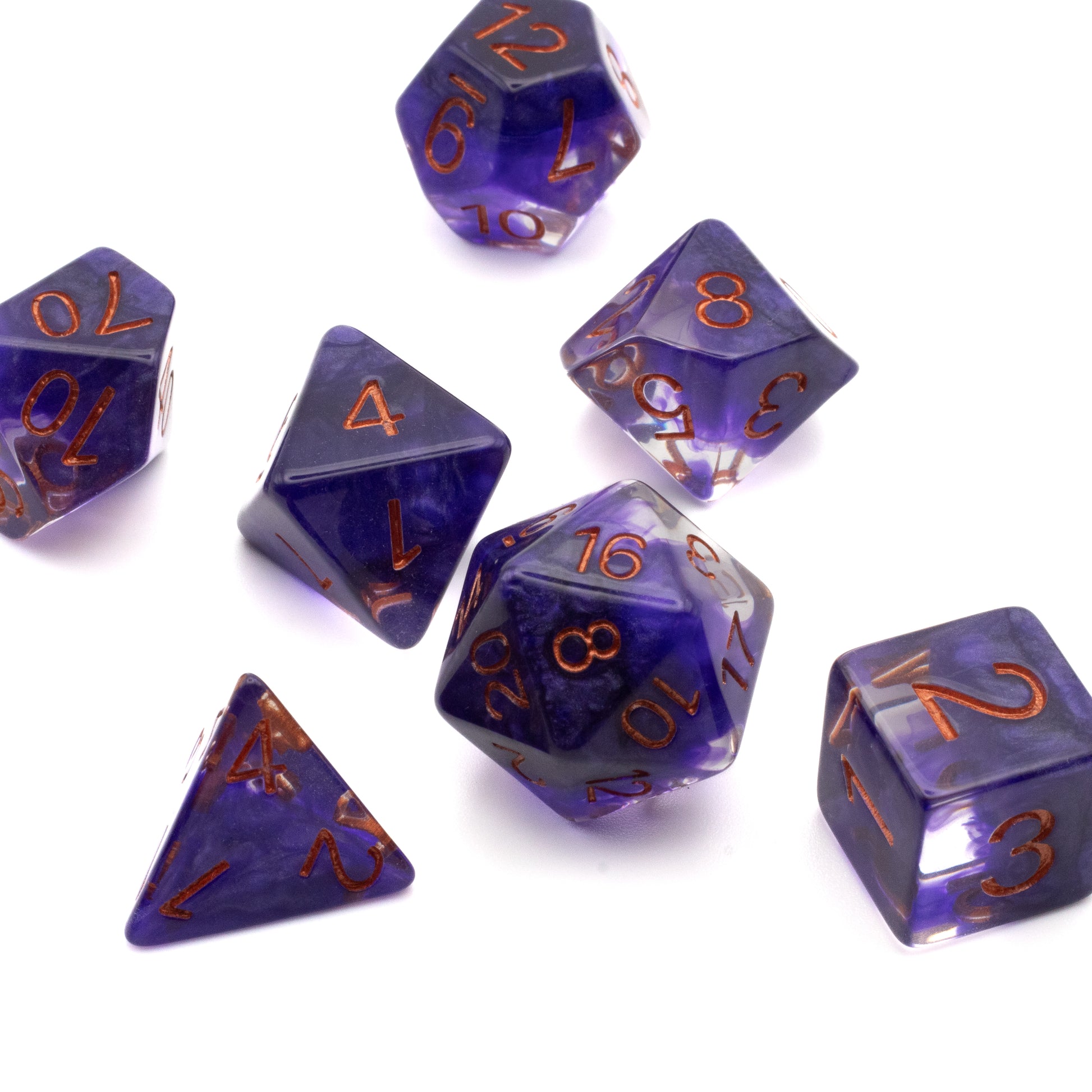 Purple Fog Cloud Dice Set - Translucent purple polyhedral dice set with orange numbering, including d4, d6, d8, d10, d12, and d20 shapes.