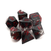 Black Fog Cloud Dice Set - Black translucent polyhedral dice set with red numbers, featuring a smoky fog pattern.