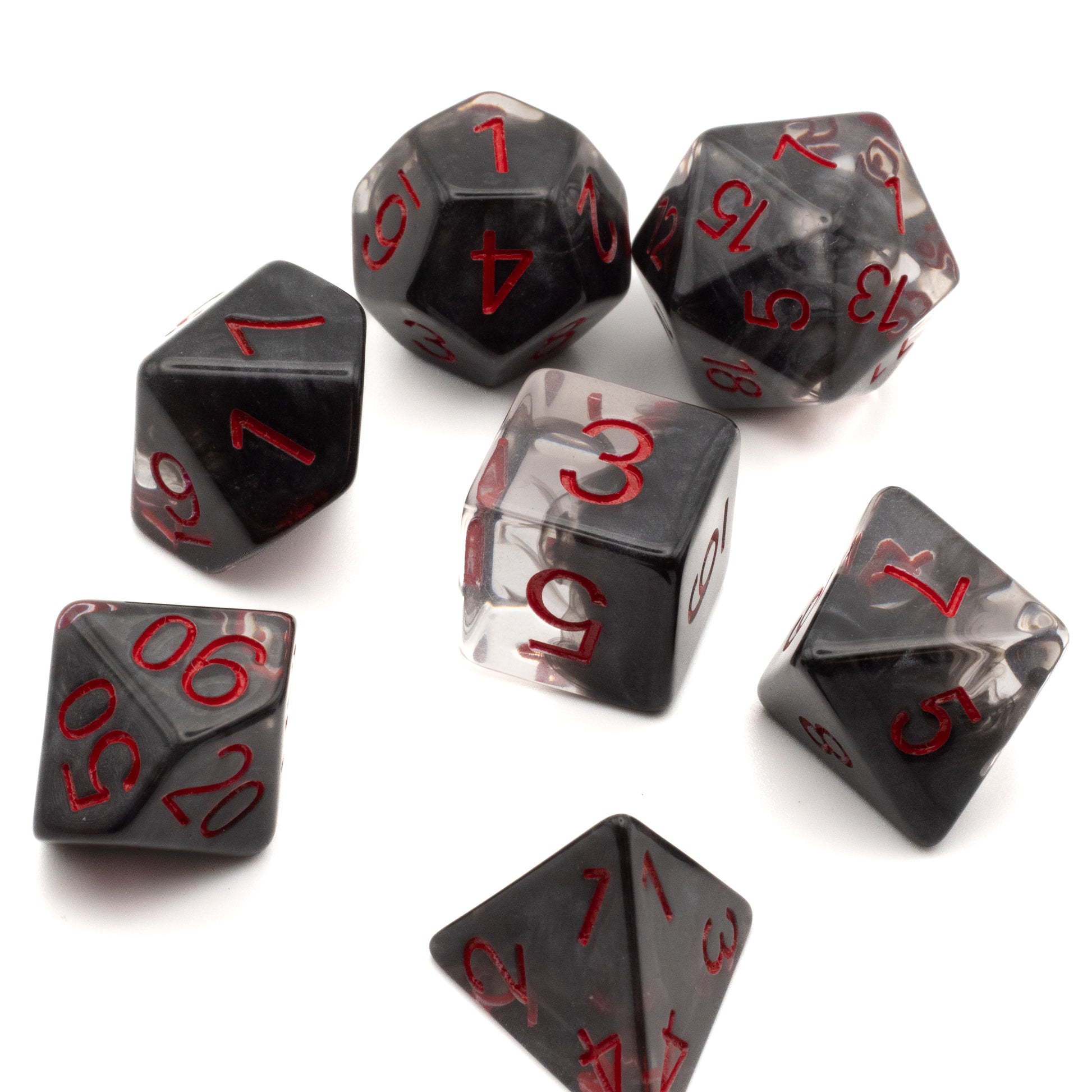 Black Fog Cloud Dice Set - Set of seven translucent black polyhedral dice with red numbering, featuring a smoky fog-like pattern inside.