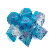 Blue Fog Cloud Dice Set - Translucent blue polyhedral dice with purple numbers, including d20, d12, d10, d8, d6, and d4 shapes.