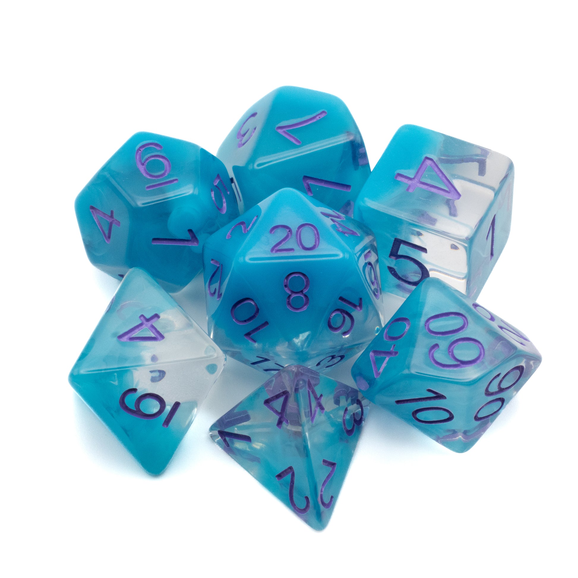 Blue Fog Cloud Dice Set - Translucent blue polyhedral dice with purple numbers, including d20, d12, d10, d8, d6, and d4 shapes.