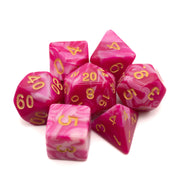 Dark & Light Pink Marbled Dice Set - Seven polyhedral gaming dice with dark and light pink marbled patterns and gold numbers.
