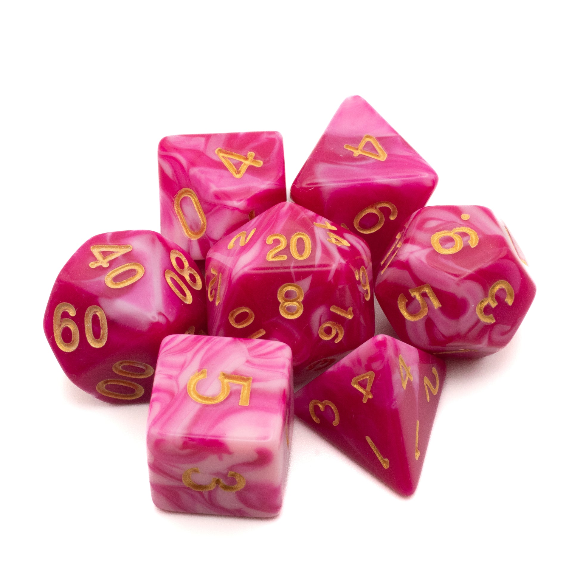 Dark & Light Pink Marbled Dice Set - Seven polyhedral gaming dice with dark and light pink marbled patterns and gold numbers.