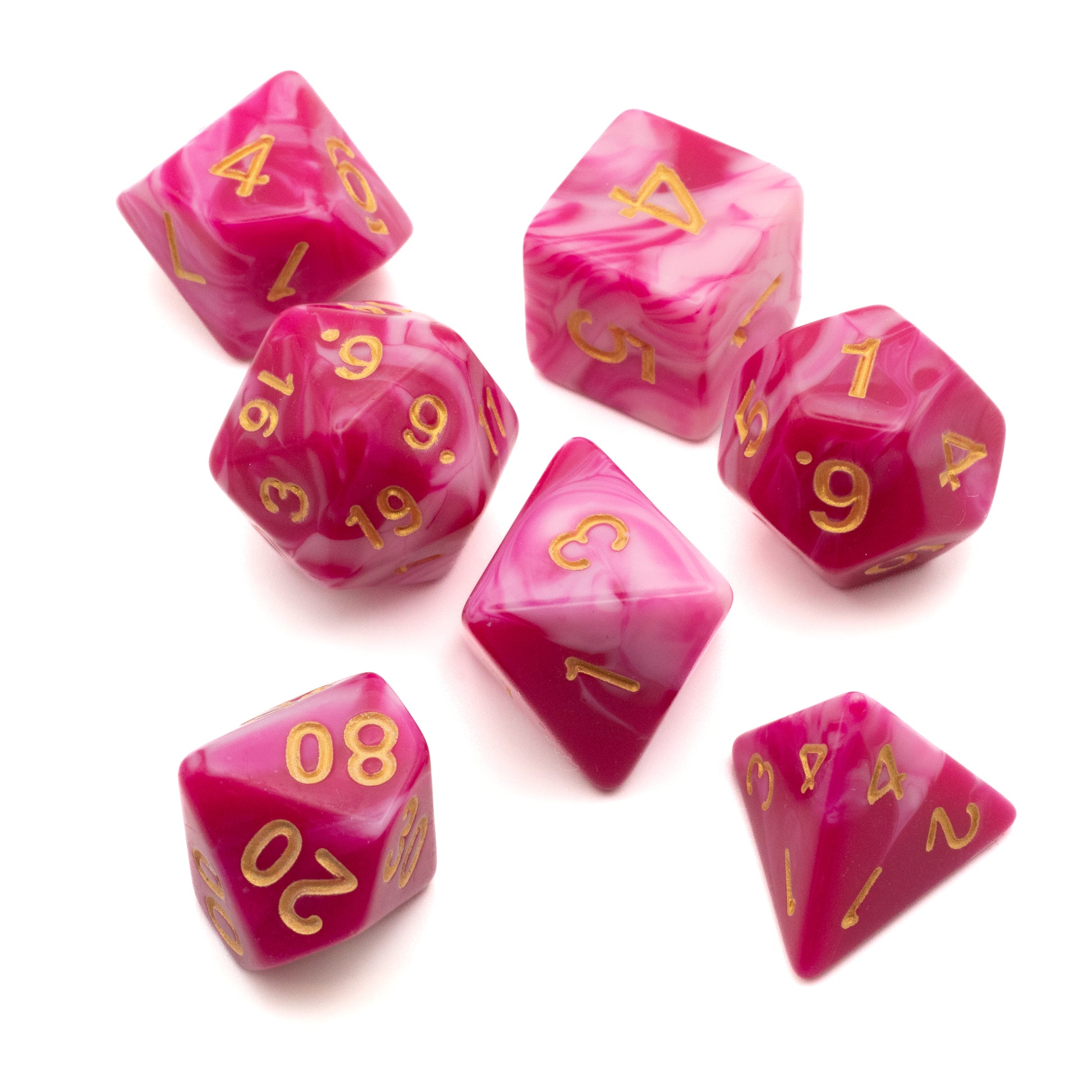 Dark & Light Pink Marbled Dice Set - Set of seven polyhedral dice in dark and light pink marble pattern with gold numbers.