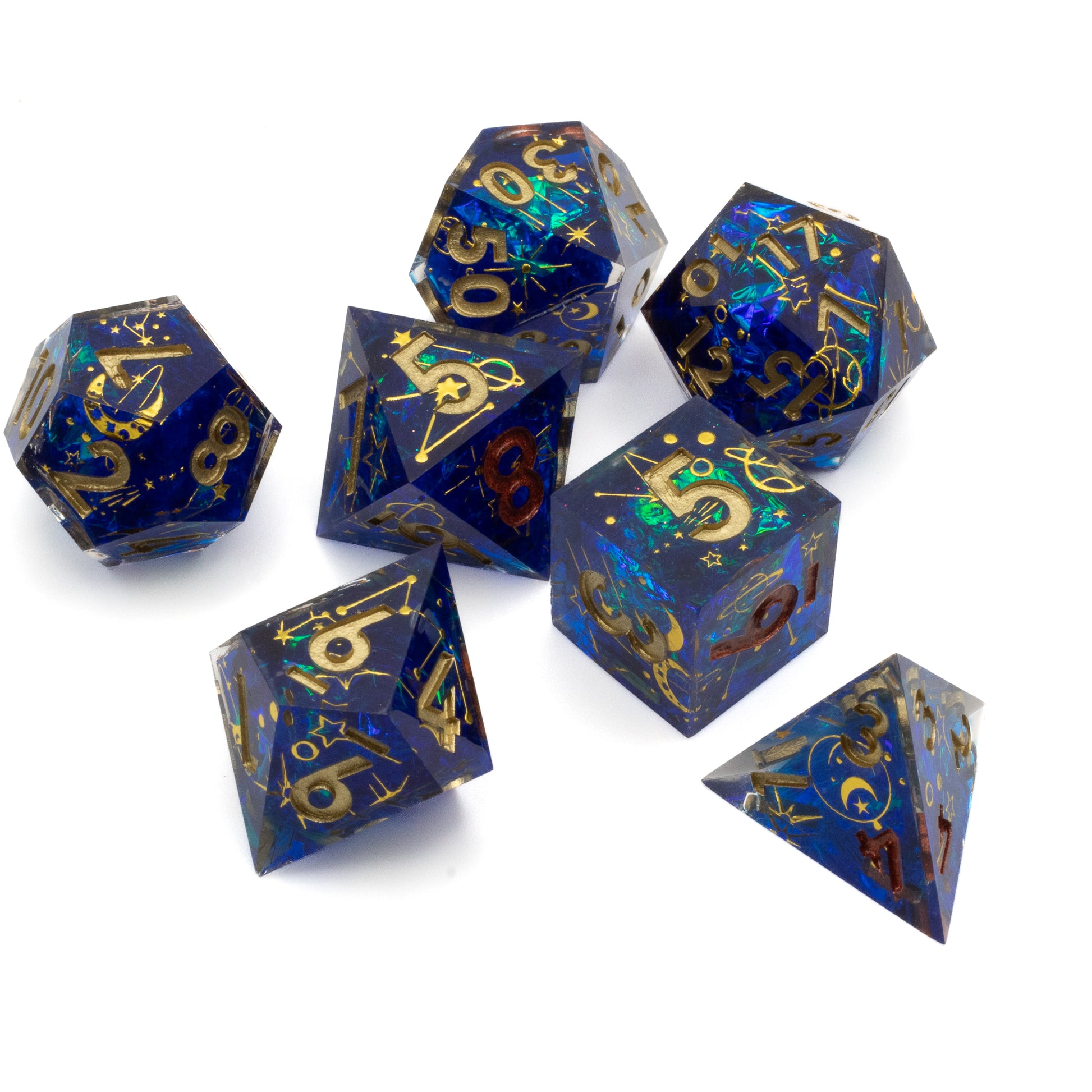 Constellation Sharp Edge Dice Set - Set of seven sharp-edged polyhedral dice in deep blue with gold numbers and constellation patterns.
