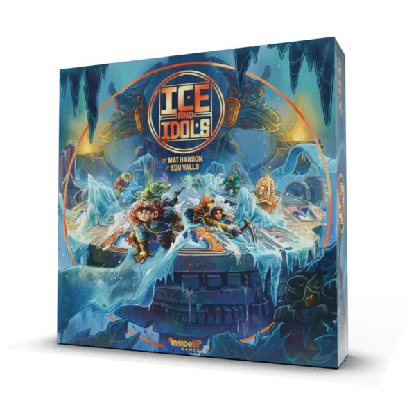Ice and Idols - Board game box with icy fantasy landscape, featuring adventurers and frozen statues in blue tones.