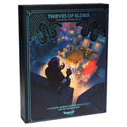 Twisted Realms: Thieves of Eldris - Dark-themed board game box with hooded figure overlooking a brightly lit town square at night, featuring fantasy elements.