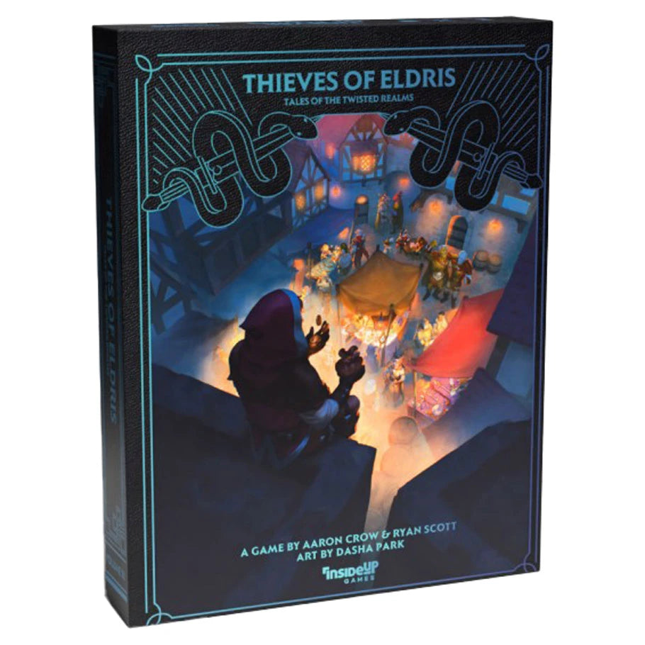 Twisted Realms: Thieves of Eldris - Dark-themed board game box with hooded figure overlooking a brightly lit town square at night, featuring fantasy elements.