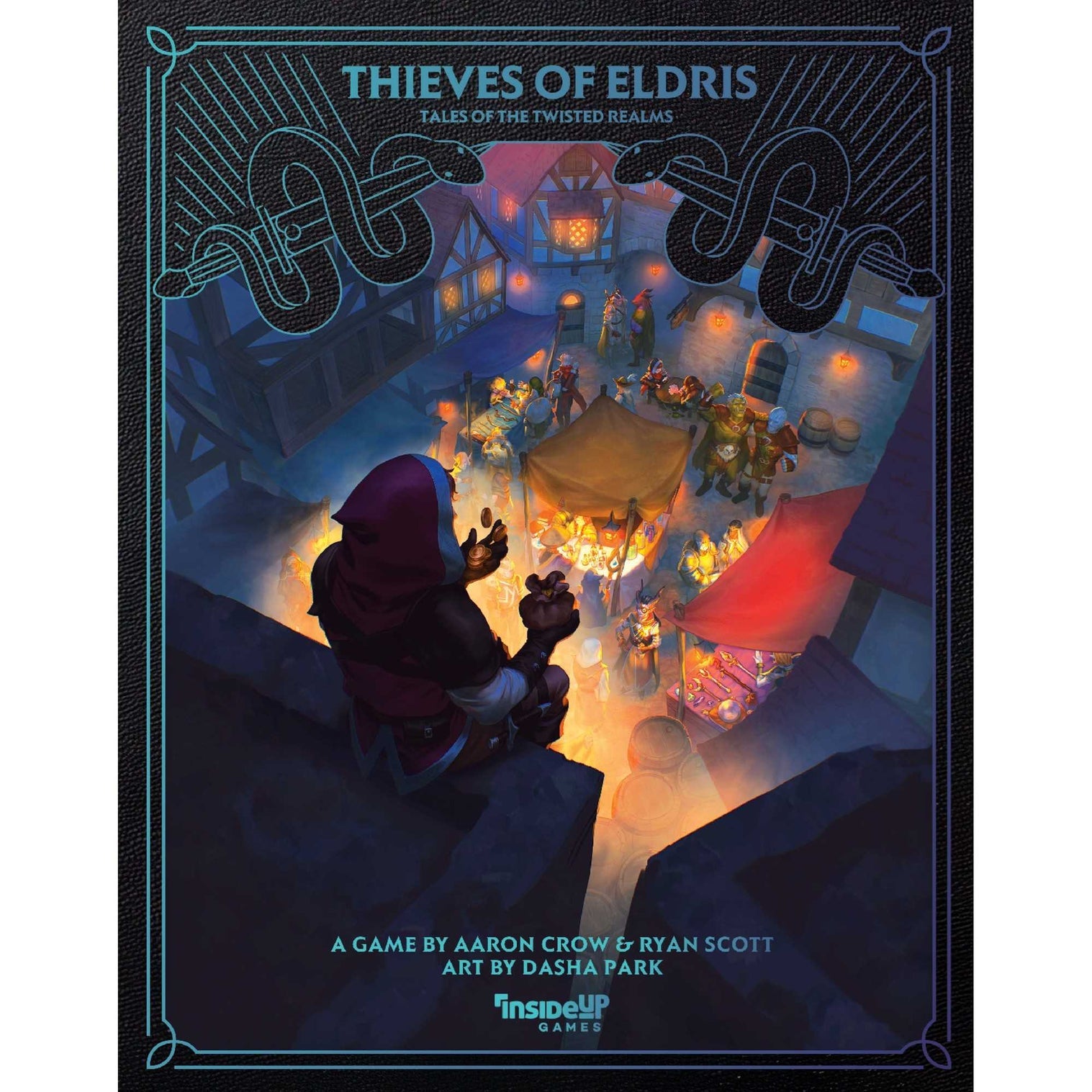 Twisted Realms: Thieves of Eldris (PREORDER) - Dark fantasy game cover showing a hooded figure overlooking a brightly lit medieval village scene at night.