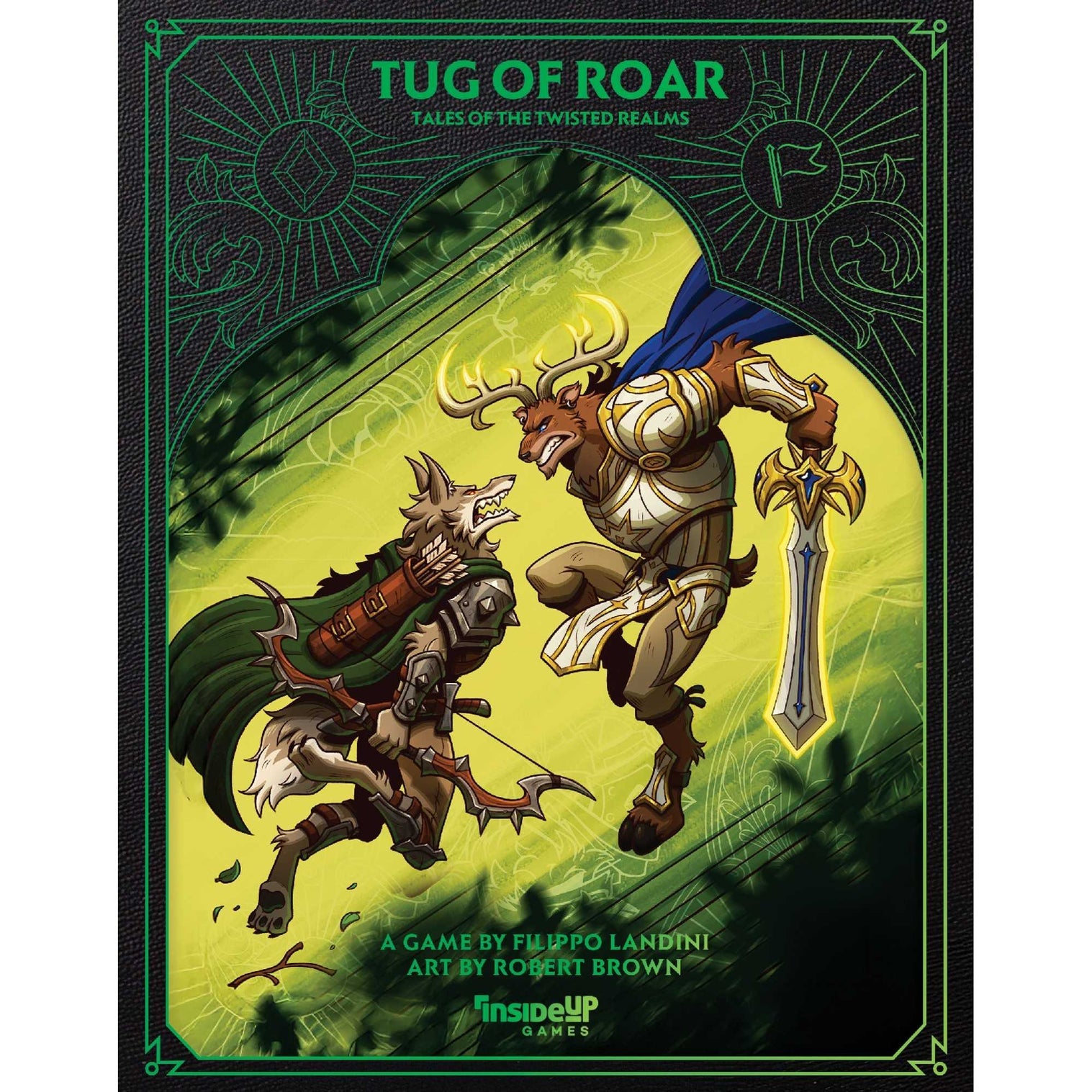 Twisted Realms: Tug of Roar (PREORDER) - Board game box featuring fantasy artwork of a muscular minotaur and armored warrior poised to battle in a green and black.