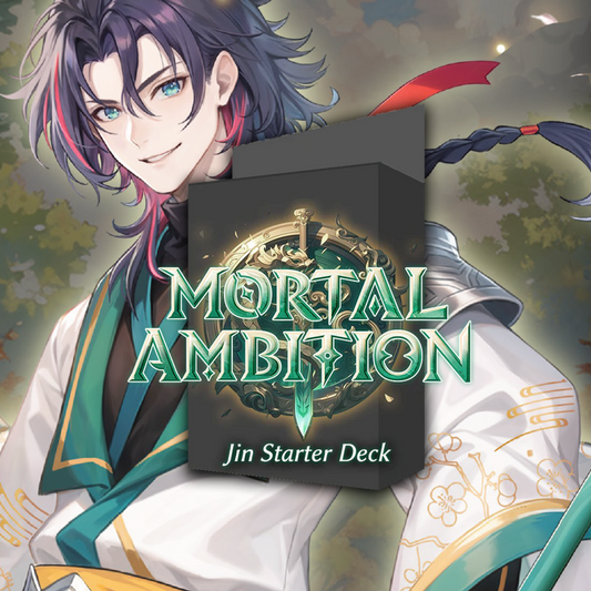 Grand Archive TCG: Jin Starter Deck - Black trading card box with green and gold "Mortal Ambition Jin Starter Deck" text, partially covering anime character with.