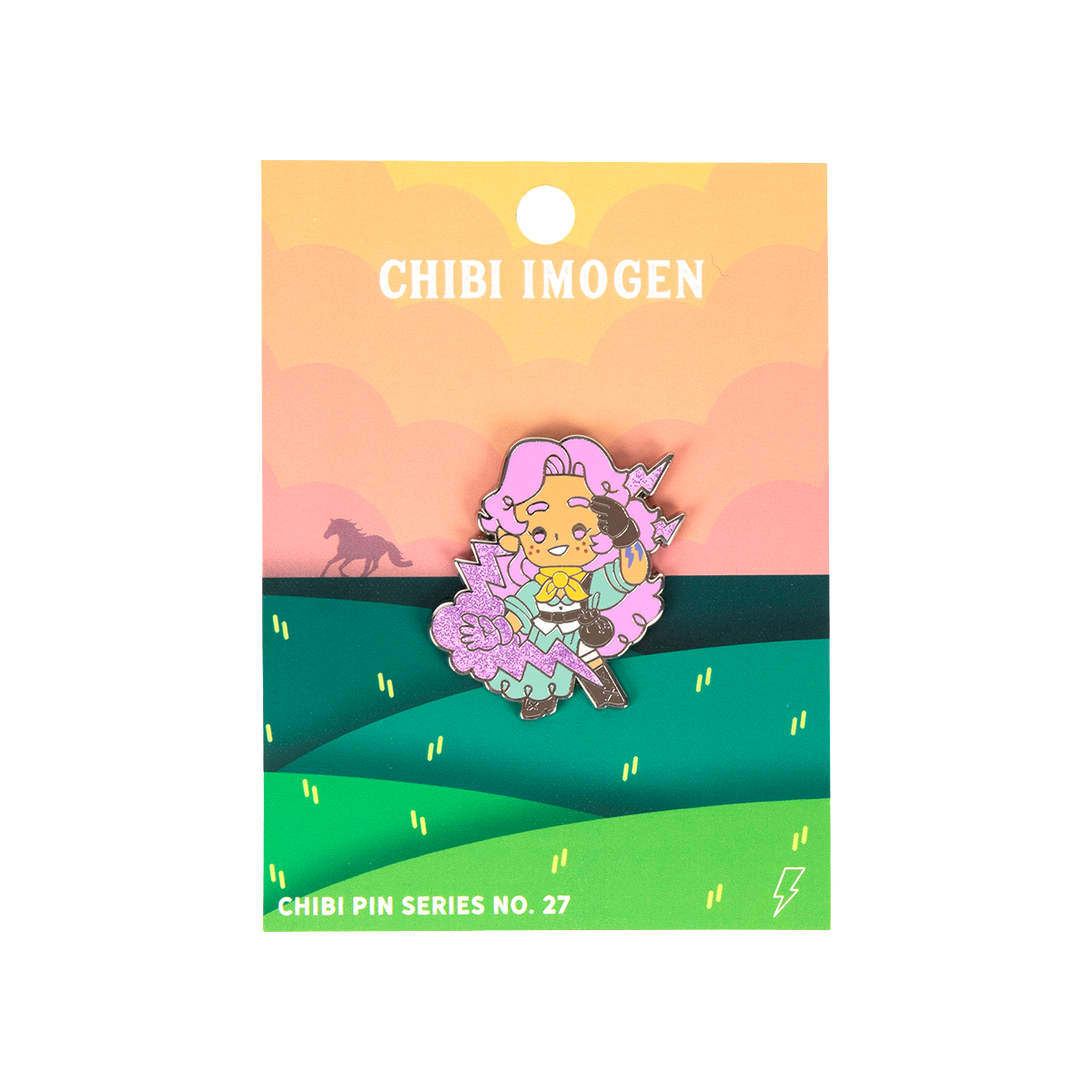 Critical Role Chibi Pin - Imogen Temult - Chibi-style enamel pin of Imogen Temult with purple hair, yellow eyes, and green outfit, holding a staff.