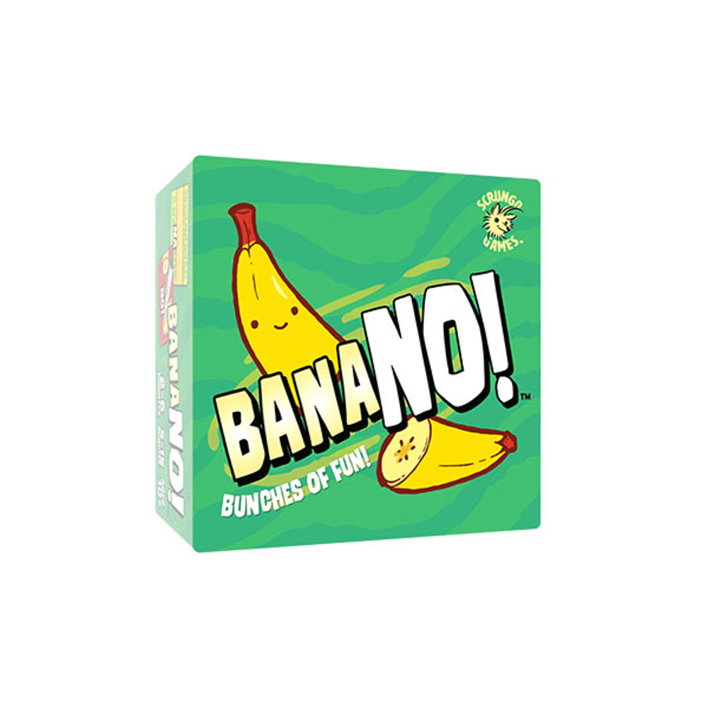 BanaNO! - Green square box for BanaNO! family party game featuring cartoon banana and banana peel illustrations with bold white and.