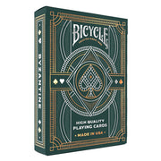 Bicycle Playing Cards: Byzantine - Dark green Bicycle playing cards box with intricate gold and white Byzantine-style geometric patterns and text.