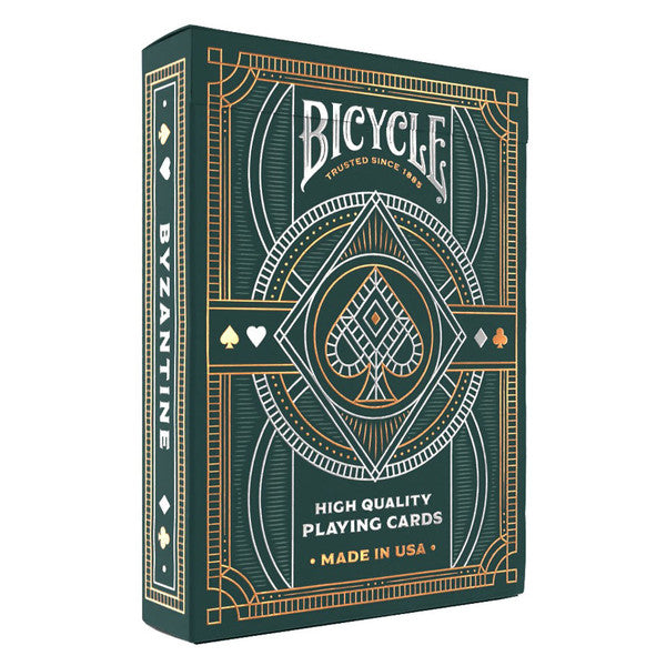 Bicycle Playing Cards: Byzantine - Dark green Bicycle playing cards box with intricate gold and white Byzantine-style geometric patterns and text.