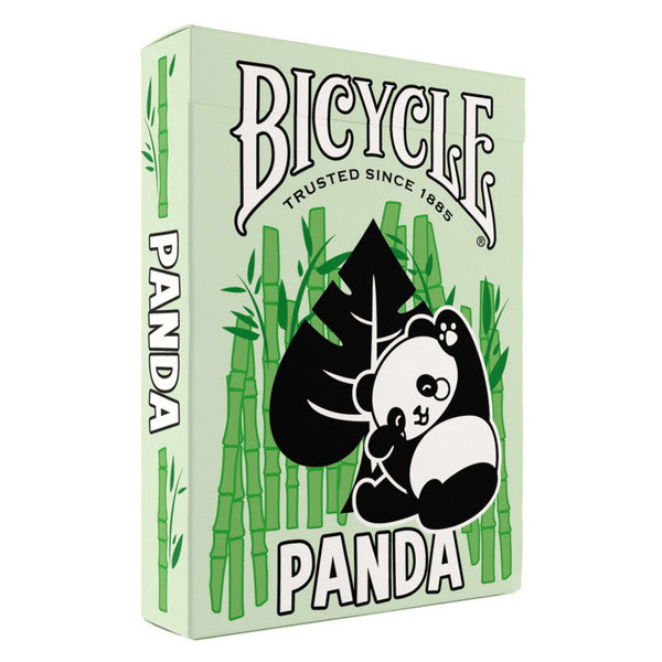Bicycle Playing Cards: Pandas - Green Bicycle playing cards tuck box featuring black and white panda illustration with bamboo stalks background.