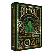 Bicycle Playing Cards: Wizard of Oz - Dark green Bicycle playing cards box featuring gold ornate designs and the Emerald City illustration, themed The Wonderful.