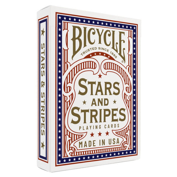 Bicycle Playing Cards: Stars and Stripes - Bicycle Stars and Stripes playing cards box in red, white, and blue with stars border and vintage-style typography.