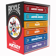 Playing Cards: Disney Mickey and Friends Box Set - Stacked playing card boxes in red, blue, orange, and purple featuring Disney Mickey and friends characters with Bicycle.