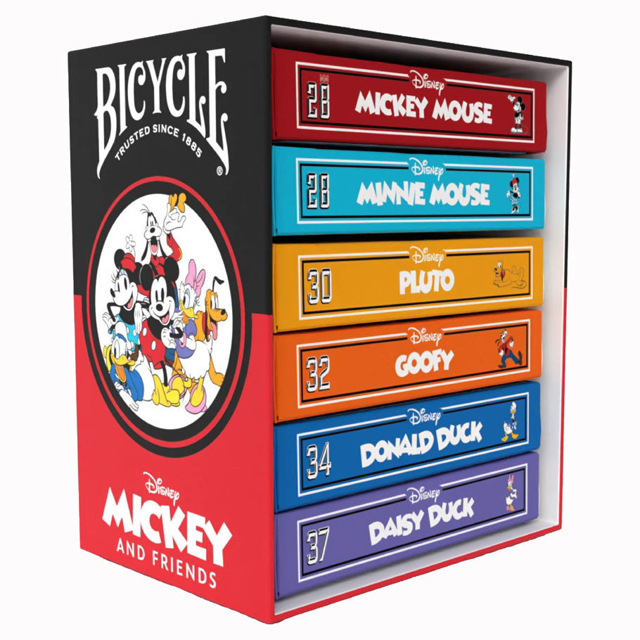 Playing Cards: Disney Mickey and Friends Box Set - Stacked playing card boxes in red, blue, orange, and purple featuring Disney Mickey and friends characters with Bicycle.