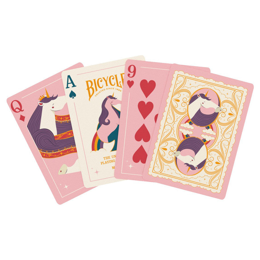 Bicycle Playing Cards: Unicorn Pink - Pink Bicycle playing cards featuring whimsical unicorn illustrations and traditional card suits.