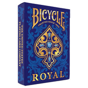 Bicycle Playing Cards: Royal (PREORDER) - Blue Bicycle playing card tuck box featuring a gold and blue ornate spade design with the word Royal in gold lettering.