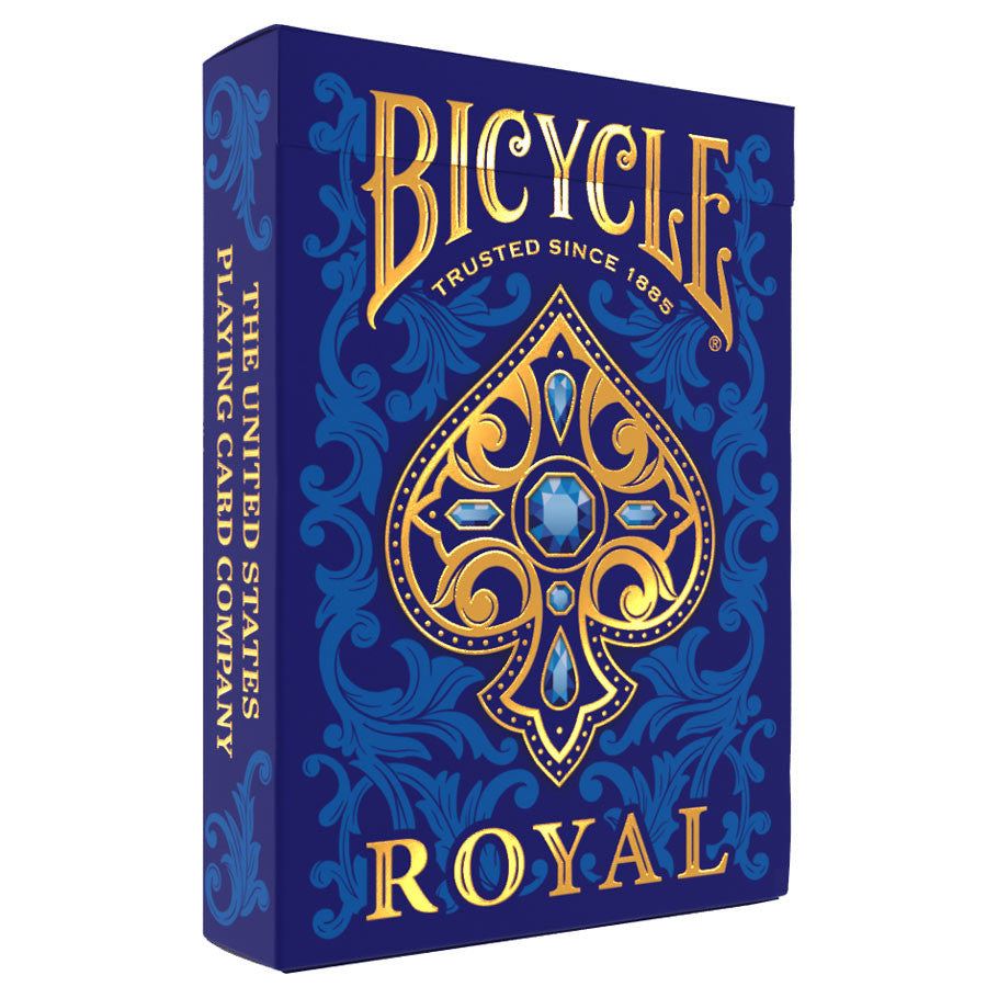 Bicycle Playing Cards: Royal (PREORDER) - Blue Bicycle playing card tuck box featuring a gold and blue ornate spade design with the word Royal in gold lettering.