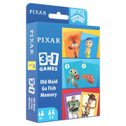 Bicycle: Disney: Pixar 3 in 1 Games Set - Colorful box of Bicycle Pixar 3-in-1 card games featuring Old Maid, Go Fish, and Memory with Pixar character illustrations.