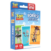 Bicycle: Disney: Forks - Blue and white Bicycle brand card deck box featuring Toy Story characters Forky, Woody, and Buzz Lightyear on the front.