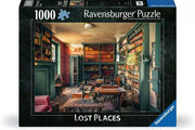 Lost Places Series: Singer Library - Ravensburger 1000-piece puzzle featuring a vintage library with wooden shelves, old books, a desk, and warm lighting.