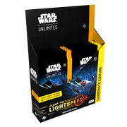 Star Wars: Unlimited - Jump to Lightspeed - Carbonite Booster Box - Black and yellow Star Wars Unlimited booster box with blue booster packs featuring a space battle design and "Jump to.