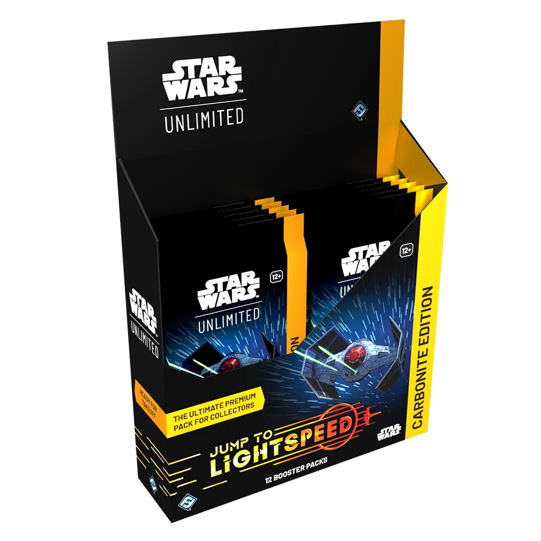 Star Wars: Unlimited - Jump to Lightspeed - Carbonite Booster Box - Black and yellow Star Wars Unlimited booster box with blue booster packs featuring a space battle design and "Jump to.