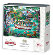 Boardwalk 500 Piece Puzzle: Jungle River Expedition - Colorful 500-piece puzzle box featuring a vibrant jungle river scene with animals and explorers.