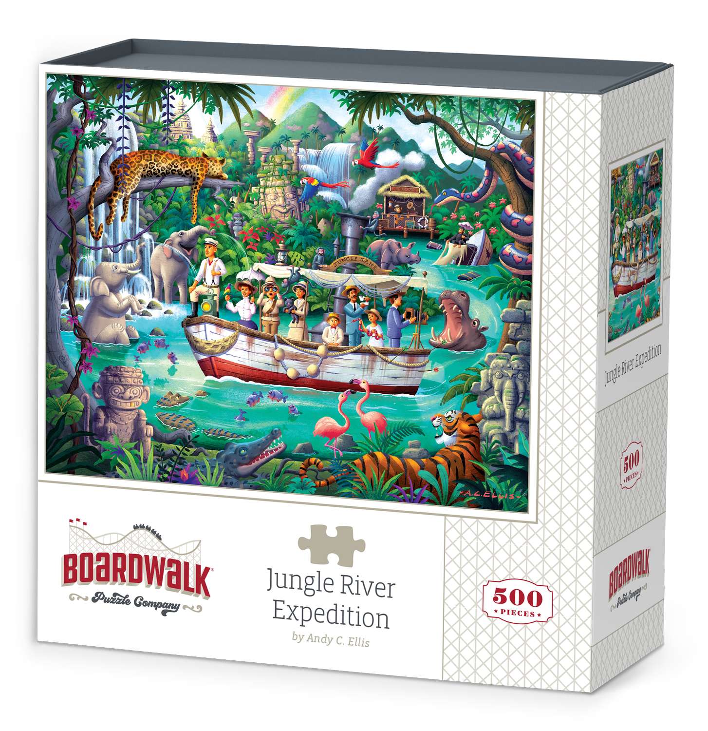 Boardwalk 500 Piece Puzzle: Jungle River Expedition - Colorful 500-piece puzzle box featuring a vibrant jungle river scene with animals and explorers.