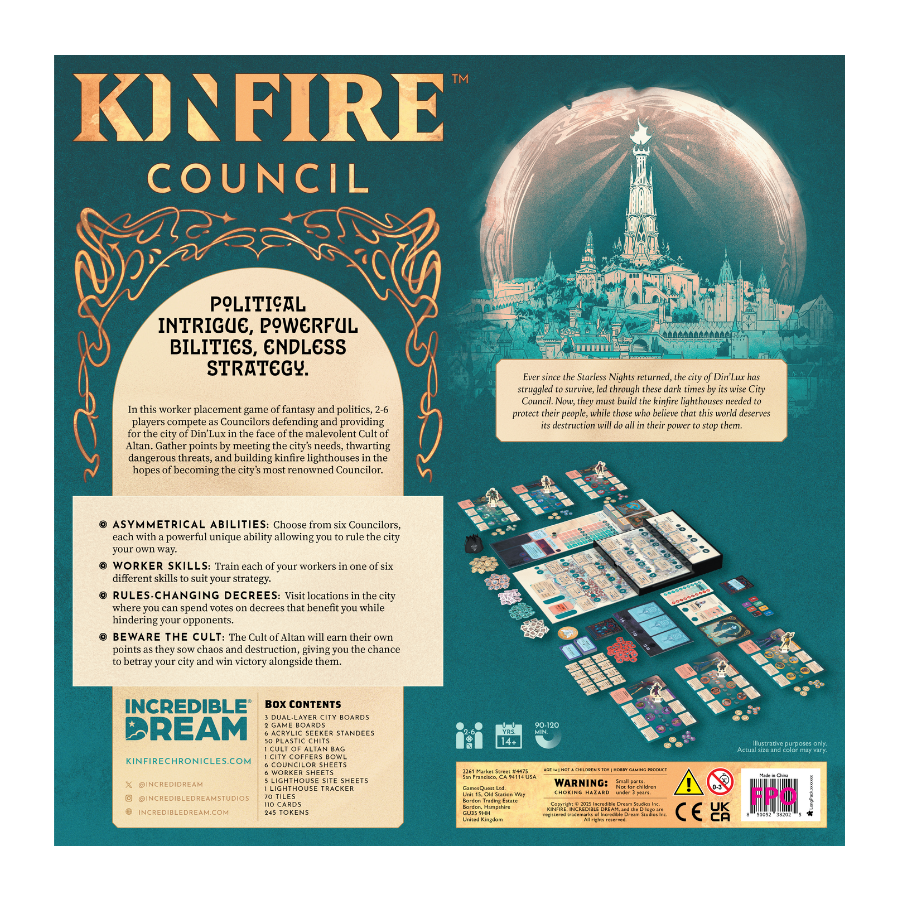 Kinfire Council - Kinfire Council board game box with fantasy artwork, teal and gold colors, featuring a glowing city under a dome and.