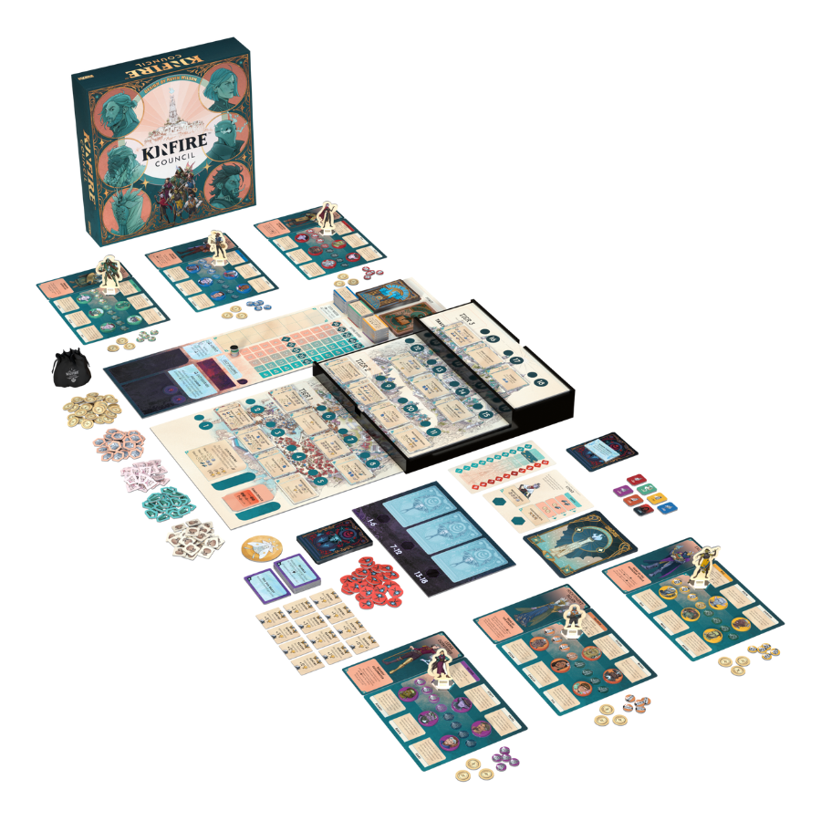 Kinfire Council - Kinfire Council board game with detailed map board, colorful tokens, player cards, and dice arranged on a white background.