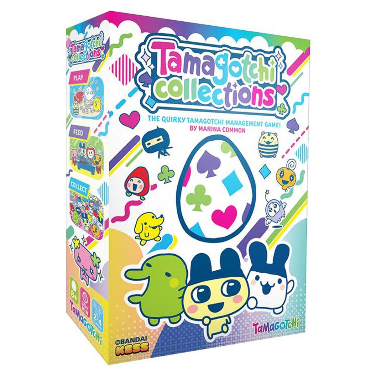 Tamagotchi Collections - Brightly colored Tamagotchi Collections box featuring cartoon characters and a large egg shape with colorful symbols on a.