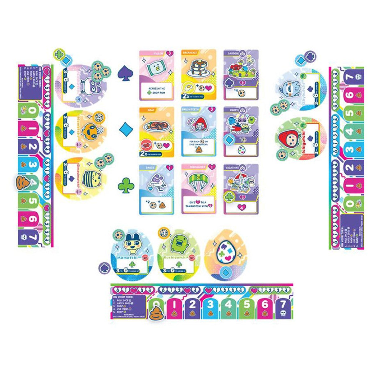 Tamagotchi Collections - Colorful Tamagotchi electronic pet devices with matching cards and game-themed rulers arranged in a grid pattern on a white.