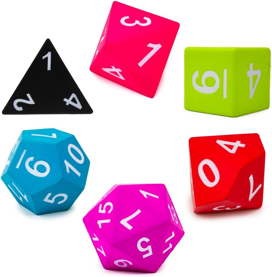 6ct Big Box Combo Oversized Foam Dice Set - Black tetrahedron, hot pink cube, lime green cube, red cube, blue dodecahedron, and purple icosahedron, each with large.