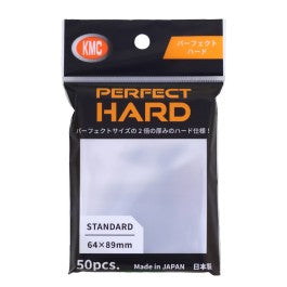 KMC Sleeves: Standard Perfect - Hard 50CT - Black and orange package of KMC Perfect Hard Standard card sleeves, 64x89mm, containing 50 clear sleeves.