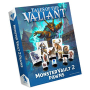Tales of the Valiant: Monster Vault 2 Pawns (PREORDER) - Blue and white board game box featuring a fierce monster illustration and several detailed monster pawns in front.