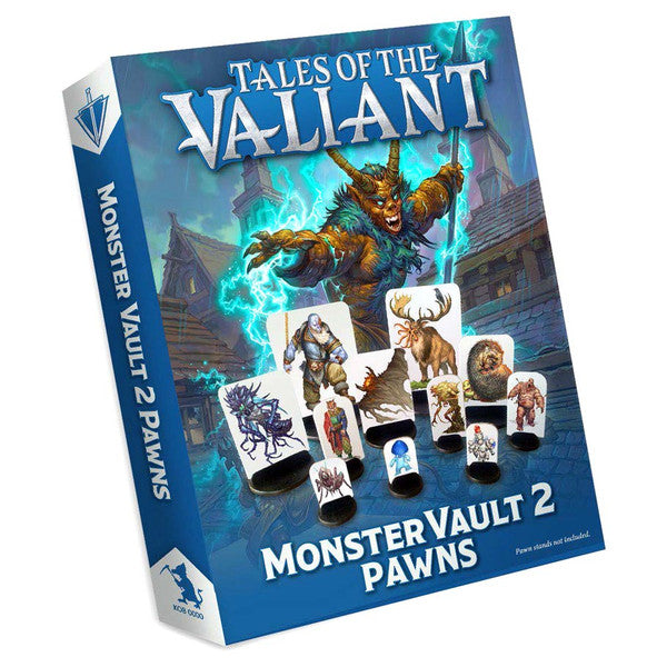 Tales of the Valiant: Monster Vault 2 Pawns (PREORDER) - Blue and white board game box featuring a fierce monster illustration and several detailed monster pawns in front.