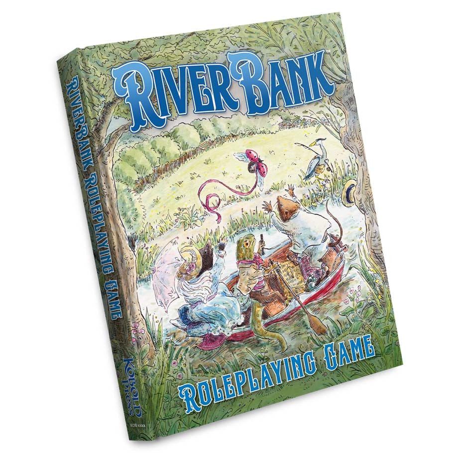 Riverbank RPG - Softcover roleplaying game book with colorful fantasy riverbank scene on forested cover.