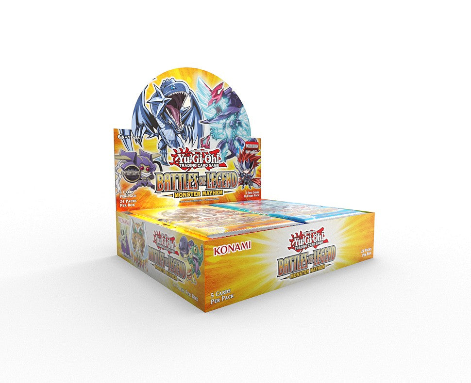 Yu-Gi-Oh! Battles of Legend: Monster Mayhem - Booster Box - Monster Mayhem booster box with dragon artwork and logo on display tray.