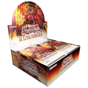 Yu-Gi-Oh! Blazing Dominion - Booster Box - Open Yu-Gi-Oh! Blazing Dominion booster box with fiery red and orange flames and card packs inside.