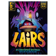 Lairs (PREORDER) - Dark fantasy-themed board game cover with a hooded character holding a glowing lantern surrounded by shadowy creatures and.