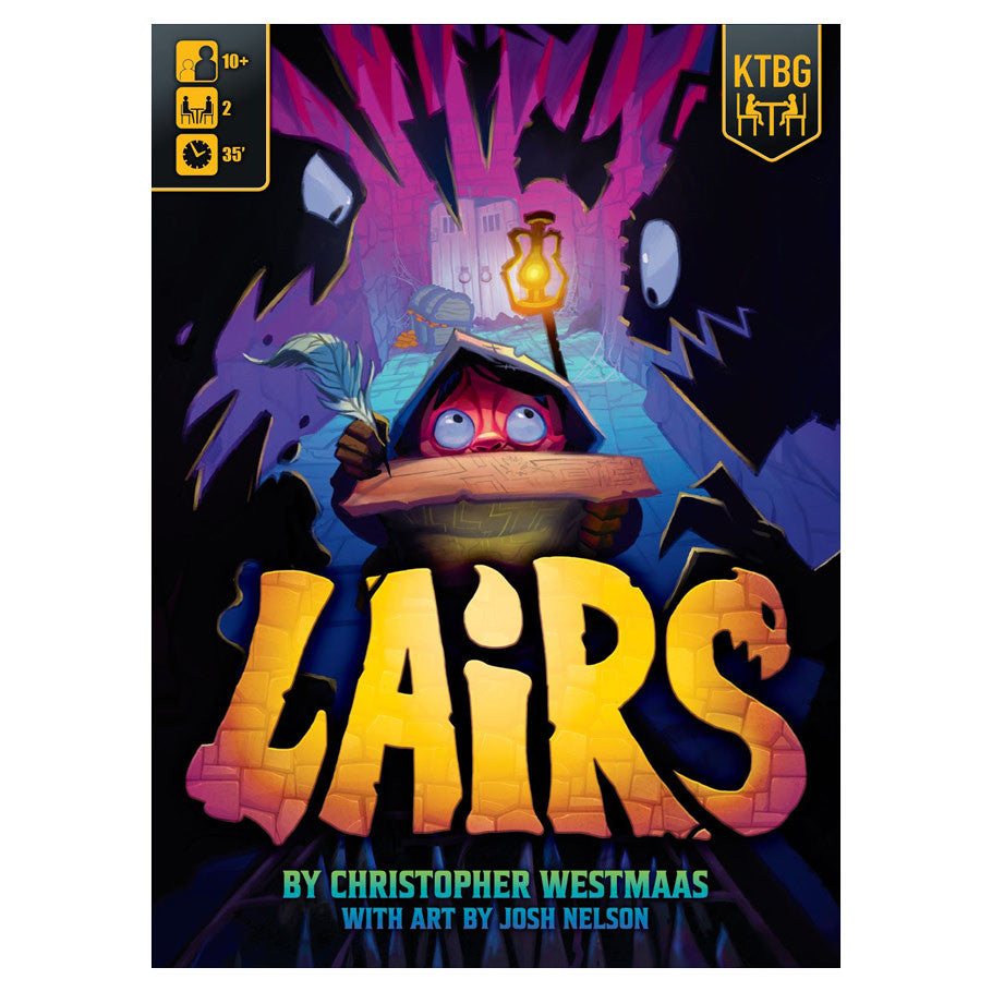 Lairs (PREORDER) - Dark fantasy-themed board game cover with a hooded character holding a glowing lantern surrounded by shadowy creatures and.