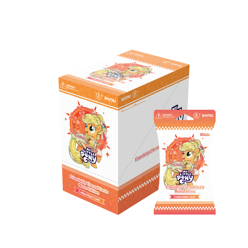 My Little Pony Trading Card Game: Friendship Eternal Moon Edition NYCC Booster Display (PREORDER) - Orange and white My Little Pony Friendship Eternal Moon Edition trading card booster pack and display box with Applejack.