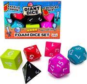 6ct Big Box Combo Oversized Foam Dice Set - Set of six oversized foam dice in green, red, pink, black, purple, and blue with white numbers, ideal for gaming.