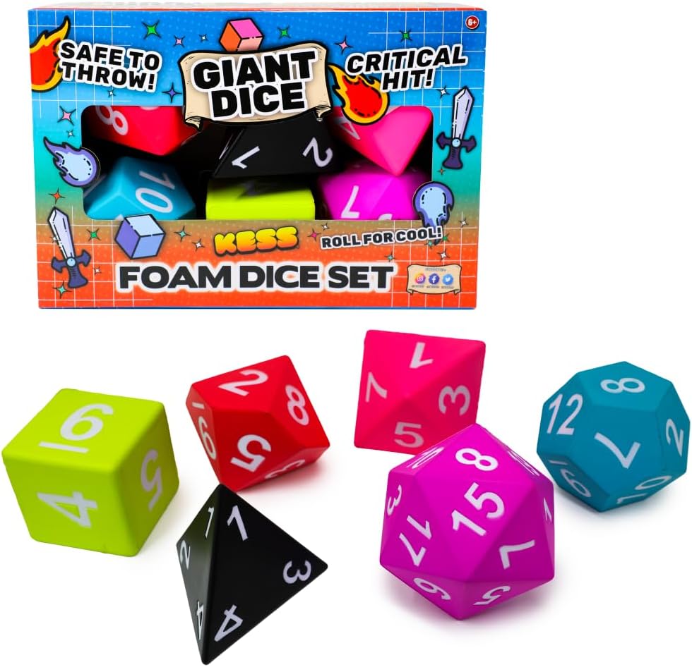 6ct Big Box Combo Oversized Foam Dice Set - Set of six oversized foam dice in green, red, pink, black, purple, and blue with white numbers, ideal for gaming.